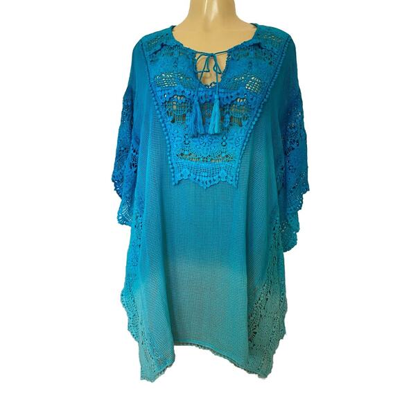 NWT Nanette Lepore Swim Tunic Top Crochet Cover Up Blue Ombre Tassel V n… - Picture 1 of 6